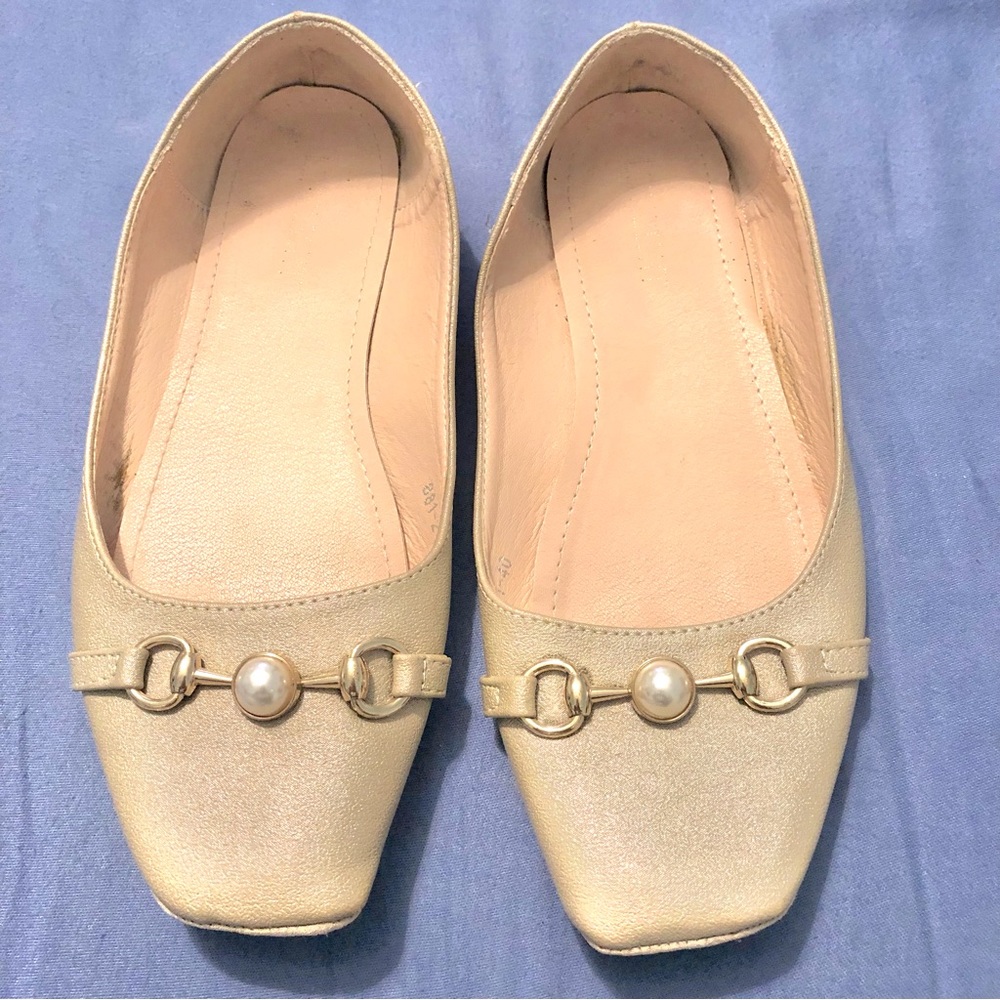 Lime Light Ballerina Flats Light Gold Color Pearl Bead Accent with Gold Hardware